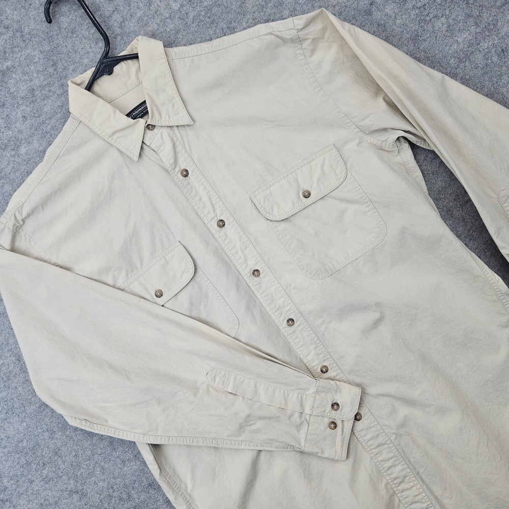 J Peterman Company Button Up Shirt Mens Beige Medium Cotton Long Sleeve SPLOTCHY